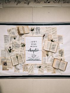 a bulletin board covered in old book pages