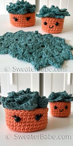 crocheted pot holders with faces on them are shown in three different views, one is blue and the other is orange