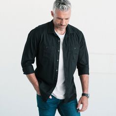 Men's Utility Shirt - Craftsman in Jet Black Twill Black Casual Shirt With Welt Pockets, Casual Black Shirt With Welt Pockets, Casual Shirt With Flap Pockets For Everyday, Casual Black Tops With Flap Pockets, Relaxed Fit Shirt With Flap Pockets For Everyday, Everyday Relaxed Fit Shirt With Flap Pockets, Everyday Black Shirt With Pockets, Casual Unstructured Shirt With Flap Pockets, Black Shirt Blue Jeans