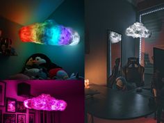 three different pictures with some clouds in the middle and one on the wall, all lit up