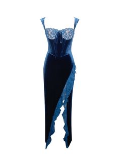 Material: Stretch Velvet / Boned Corset / Lace Stretch Factor: Low Stretch Length: Approx 59inch / 150cm Model Is Wearing A Size XS (US-2) Model Is 5'11'' Clean: Dry-clean only Color may vary due to lighting on images. The product images (without model) are the closest to the true color of the product. Blue Velvet Gown, Velvet Formal Dress, Velvet Prom Dress, Velvet Maxi Dress, Strapless Sweetheart Neckline, Blue Dress Formal, Velvet Maxi, Velvet Lace, Suspender Dress