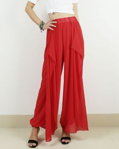 * Beautiful pearl chiffon pants, very comfortable to wear, not easy to get wrinkled, very easy to take care of. * Add an asymmetric layer on the front, very unique and beautiful. * Material: outer-pearl chiffon, lining-100% polyester Custom made to fit, lead time is 6-8 days; Let us know your usual size in your country and your overall height. If you have some specific request or special characters such as broad shoulder, long arms, long waist, etc you think we need pay attention to when making, Red Non-stretch Summer Pants, Red Non-stretch Spring Harem Pants, Red Wide Leg Pants For Summer, Red High Waist Wide Leg Summer Pants, Ankle-length Red Bottoms For Spring, Red Ankle-length Bottoms For Spring, Red Full-length Summer Bottoms, Red Wide Leg Pants With Elastic Waistband, Summer Party Wide Leg Full Length Pants