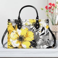 Large Yellow and Grey Watercolor Flower Design Leather Handbag (PU) - – Texas Daisy Daily Use Floral Print Shoulder Satchel, Floral Print Tote Satchel For Daily Use, Elegant Leather Shoulder Bag With Floral Print, Spring Floral Print Satchel For Everyday Use, Floral Print Satchel For Everyday Spring Use, Floral Print Leather Shoulder Bag, Floral Print Satchel Shoulder Bag, Trendy Floral Print Tote Shoulder Bag, Elegant Black Bags With Floral Print