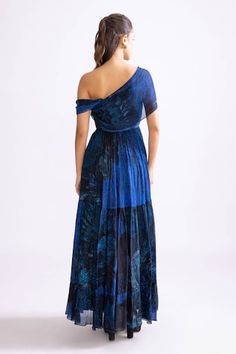 Blue tiered dress with daisy print and overlap draped sleeve. - Aza Fashions Blue Tiered Dress, Drape Sleeves, Blue Daisy, Daisy Print, Tiered Dress, Dress For Women, Women Dresses, Aza Fashion, Dresses Maxi