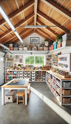 a garage filled with lots of storage space and shelves full of boxes on the floor