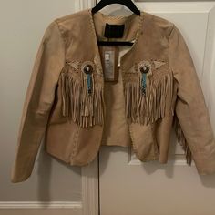 There Are Some Crease Stains On The Sleeves See Pics. Haven’t Tried To Treat It. It’s New With Tags. Beautiful And Unique Piece. Cowgirl Outfit, Cowgirl Outfits, Leather Jackets, Unique Pieces, Diva, Tassels, Jackets & Coats, Leather Jacket, Jackets For Women