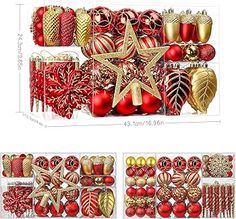 christmas decorations and ornaments are arranged on a white background, including red and gold baubles