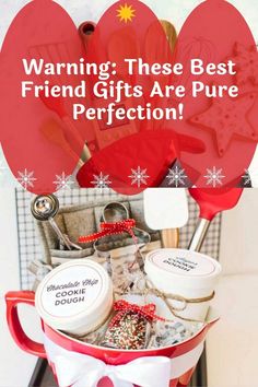 a red bucket filled with lots of different types of items and the words warning these best friend gifts are pure perfection