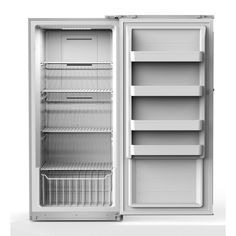 an empty refrigerator with its door open on a white background