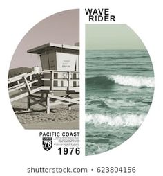 an advertisement for the pacific coast in 1970 and 2016, with images of lifeguards