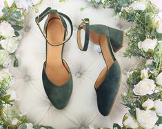 Sage Green Heels for Wedding, Celadon Green Velvet Women's Bridal Shoes, Velvet Heels, Medium Heeled Pump Shoes With Ankle Strap Buckle - Etsy Shoes To Wear With Bridesmaid Dress, Sage Green Sandals Outfit, Bridesmaid Shoes Fall, Sage Wedding Shoes, Dark Green Wedding Shoes, Non Traditional Wedding Shoes, Sage Green Heels, Bridal Shoes Flat, Short Block Heels