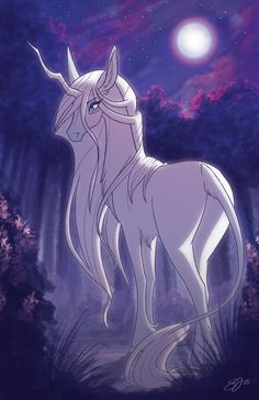 a white unicorn standing on top of a lush green forest under a purple sky with stars