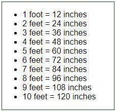 an image of a table with numbers and words on it, including feet to feet