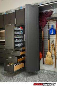 an organized garage with lots of storage and tools