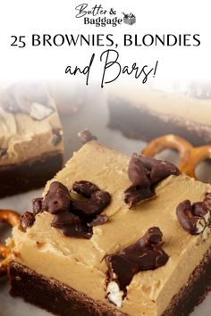 brownies, blondies and bars with pretzels on top