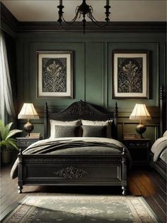 a bedroom with dark green walls and wooden floors, two lamps on either side of the bed