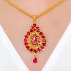 Vibrant Blooming Flower Polki 18k Gold Pendant Set 22k Gold Teardrop Jewelry For Wedding, Yellow Gold Kundan Pendant Necklace For Wedding, Wedding Yellow Gold Kundan Pendant Necklace, Gold Necklaces With Single Cut Diamonds For Festivals, Elegant Ruby Necklace For Puja, Yellow Gold Kundan Necklace With Gemstones For Wedding, 22k Yellow Gold Kundan Necklace With Gemstone, Yellow Gold Kundan Necklace With Ruby For Wedding, Polki Pendant Set