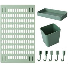 green plastic storage bins with hooks and pegs for wall mounted pots or pans