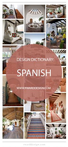 a collage of photos with the words design dictionary spanish on top and bottom in red