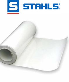 a roll of white paper with the stahl logo in blue and red on it