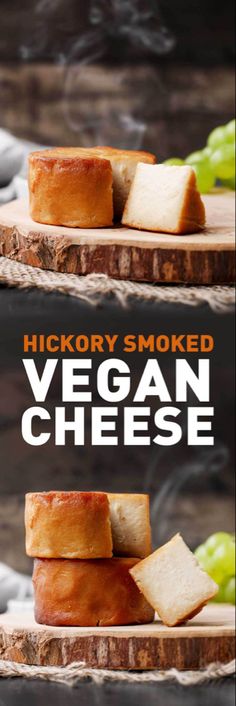 two plates with different types of food on them and the words, hickory smoked vegan cheese