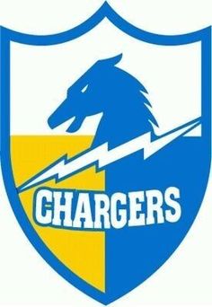 the chargers logo is shown in blue and yellow, with a horse on it's head