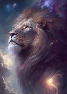 a painting of a lion in the sky with clouds and stars around it, looking up