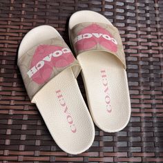 Brand New With Tag Coach Slippers, Coach Shoes, Heart Print, Slippers, Size 6, Women Shoes, Brand New, Cream, Pink