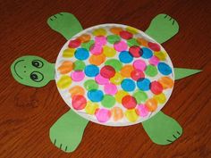 a paper plate with a turtle made out of gummy balls on top of it