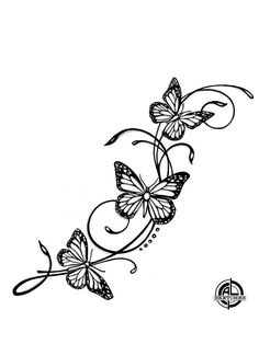 a drawing of three butterflies flying in the air