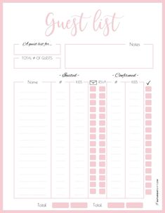 a pink and white printable guest list with the words guest list written on it