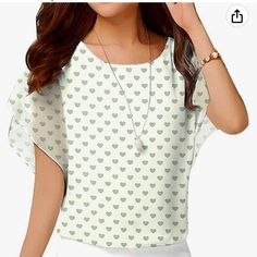 Nwt Women’s Summer Loose Casual Short Sleeve Chiffon Top Blouse. 4x. Green Heart Print. White Casual Chiffon Top, Casual White Chiffon Top, White Chiffon Casual Tops, White Casual Chiffon Blouse, Casual White Chiffon Blouse, Trendy White Chiffon Blouse, White Chiffon Blouse With Short Sleeves, White Chiffon Short Sleeve Top, Green Casual Chiffon Tops