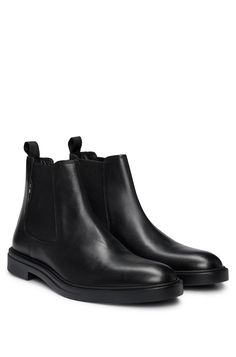 BOSS - Leather Chelsea boots with signature-stripe detail Chelsi Boots, Men’s Chelsea Boots, Leather Chelsea Boots Men Outfit, Black Chelsea Boots Men, Mens Black Chelsea Boots, Black Business Shoes, Mens Office Shoes, White Chelsea Boots, Mens Chelsea Boots