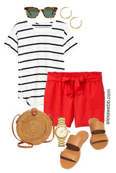 Plus Size Red Linen Shorts - Alexa Webb Red Shorts Outfit Summer, Red Shorts Outfit, Striped Shorts Outfit, Outfits 20s, Linen Shorts Outfit, Hot Summer Looks, Spring Teacher Outfits, Alexa Webb, Outfit Shorts