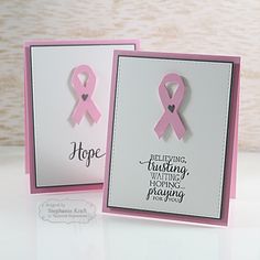 two cards with pink ribbons on them, one has a heart and the other says hope