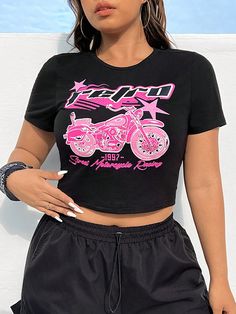 Black  Collar Short Sleeve Knitted Fabric   Embellished Slight Stretch Summer Women Plus Clothing Edgy Pink Crew Neck Top, Edgy Crew Neck T-shirt, Black Graphic Print Crop Top T-shirt, Black Graphic Tee Crop Top, Black Graphic Crop Top T-shirt, Black Graphic Crop Top, Motorcycle Racing, Cropped T Shirt, Crop Tshirt