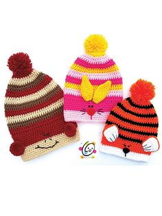 three crocheted hats with different colors and designs, one has a cat face on it