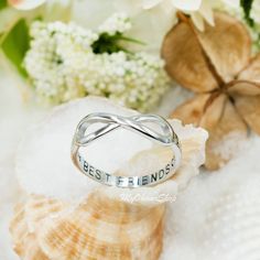 "This is a solid 925 sterling silver best friends, infinity symbol ring for boys, girls, and women. Best friends forever, BFF or live partnership, sistership ring. It symbolizes an infinite love, friendship and relationship with no end. Inside is stamped with \"Best Friends ❤️\" Materials: Solid 0.925 sterling silver. Nickel free. Face width: 7mm or about 1/3\" Band: 3mm at the bottom band. This ring would makes a nice gift for your best friends, sister, mom, cousins, or girlfriends. I can be us Personalized Sterling Silver Rings For Friendship, Personalized Silver Friendship Rings, Friendship Sterling Silver Ring, Sterling Silver Friendship Ring, Best Friend Rings, Partner Rings, Ring Boy, Friend Rings, Timeless Ring