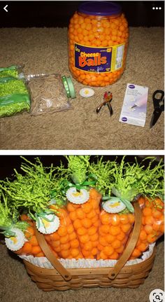 two pictures of carrots in a basket and the same one is made out of plastic bottles