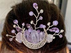 This silver and purple Quartz moon goddess hair comb is handmade by me, Amber! Each comb is made to order and specially crafted just for you! With that being said, some materials may vary slightly depending on what is available when you order, but that is how you know you are getting something truly unique! Galadriel Outfit, Goddess Hair, Elf Ear Cuff, Fairy Ears, Goddess Hairstyles, Purple Quartz, Head Chain, Golden Flower