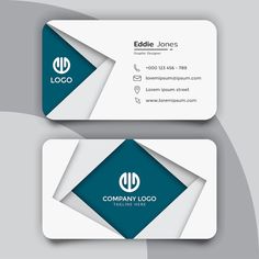 two business cards with blue and white shapes on the front, one has a rounded corner