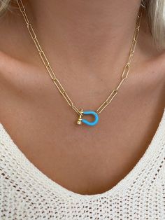 Colorful Carabiner on Paperclip Chain Necklace Adjusts any length up to 19" Heavy 16K gold plated, Hypoallergenic, Enamel Connector Paperclip Chain Necklace, Heeled Mules Sandals, Kimono Duster, Duster Cardigan, Shoe Gifts, Cardigan Vest, Blue Necklace, Cuff Earrings, Tee Dress