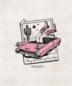 the pink car is parked in front of a cactus and an american flag on it