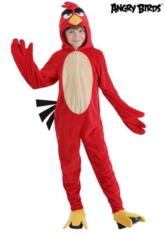 a boy in a red bird costume is standing with his arms out to the side