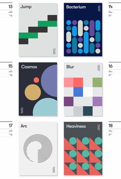 four posters with different colors and shapes on them, each showing the number of squares