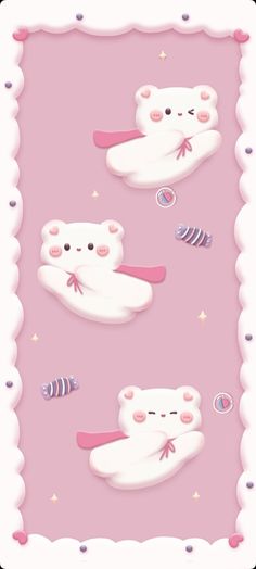 three white bears are flying through the air with pink and purple decorations on their heads