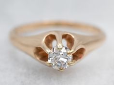 14k Yellow Gold victorian style belcher solitaire ring with plain band and buttercup mounting with prong set, diamond round center stone.Metal: 14K Yellow GoldGem: Diamond totaling .23 Carats, SI2 in Clarity, H in ColorGem Measurements: 4.1 mm, RoundRing Size: 4.75Marks: “14K” Stamped on the inside band Buttercup Setting Ring, Victorian Solitaire Diamond Wedding Ring, Victorian 14k Gold Solitaire Jewelry, Victorian Style Yellow Gold Diamond Ring, Victorian Style Hallmarked Yellow Gold Flower Ring, Gold Ring Diamond, Rose Gold Opal Ring, Floral Engagement Ring, Moissanite Engagement Ring Oval