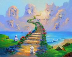 a painting of a stairway leading to the ocean with two white dogs sitting on it