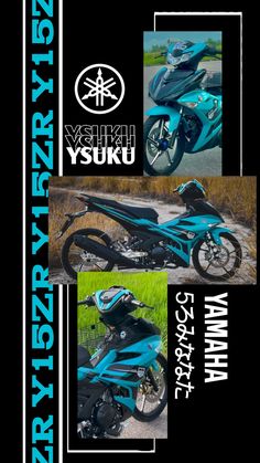 three different pictures of the same motorbike in blue and black with white lettering