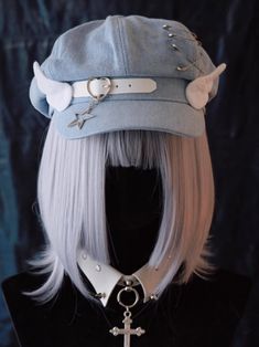 Elevate your accessory game with our handmade heart buckle and wings light blue denim hat. This adorable hat features a unique handmade heart buckle and wings, adding a touch of whimsy to your look. The light blue denim gives it a fresh and casual vibe, perfect for everyday wear. Complete with a star charm and pins for added flair, this hat is a statement piece that will surely turn heads.   Please note that this product includes only the hat. Adjustable Kawaii Style Cheap Hats, Cute Cheap Blue Hats, Cinnomanroll Hat, Blue Headpiece, Cool Hair Designs, Hair Inspiration Long, Steampunk Accessories, Gothic Accessories, Kawaii Fashion Outfits